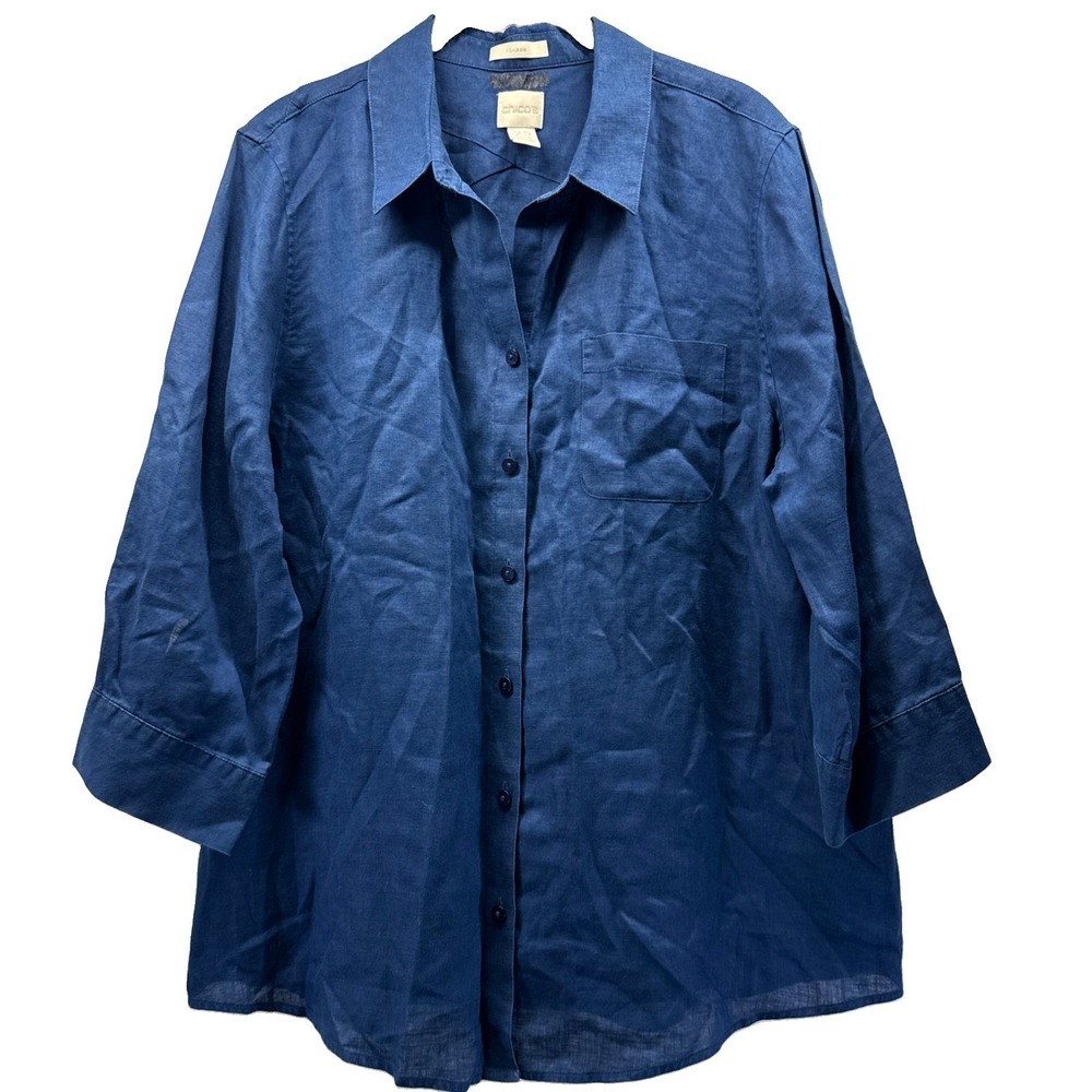 Chicos Women's Top Size Large 2.5 100% Linen 3/4 Sleeves Button Up Solid Blue